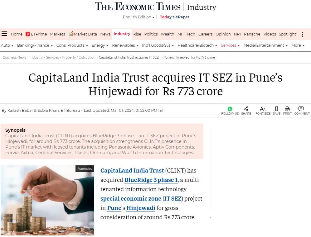 CapitaLand India Trust Acquires IT SEZ in Pune’s Phase 1 Hinjewadi for ₹773 Crore.